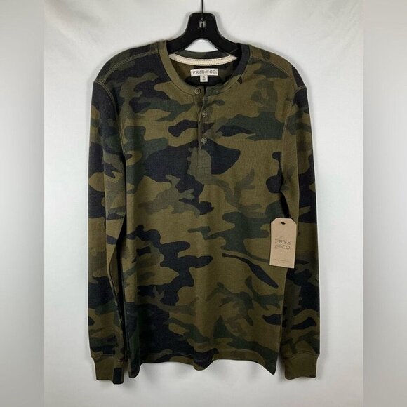 NWT FRYE AND CO Long Sleeve Henley Waffle Green Brown Camo Cotton Poly Men’s SM - Picture 3 of 10